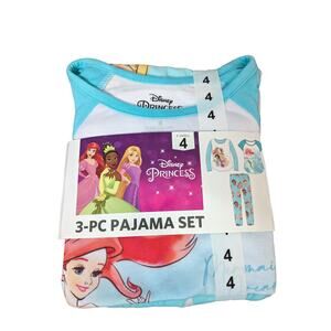 Disney Princess 3Pc Pajama Set XS 4 Ariel Tiana Rapunzel Little Mermaid Girls PJ